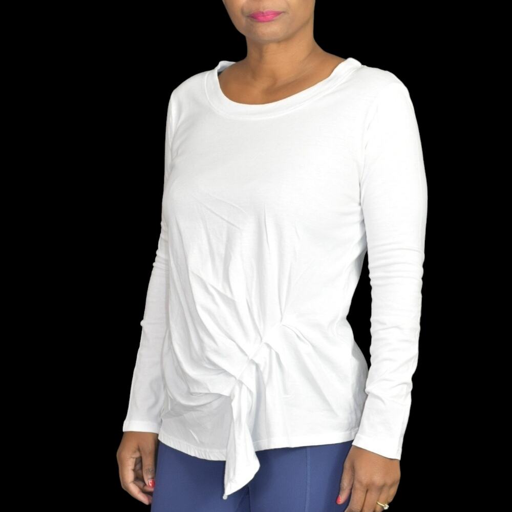 Stateside White Shirt Long Sleeve Tee Angled Pleated Drape CrewNeck Cotton Small